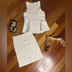 Guess White Textured Peplum Top and Skirt Set